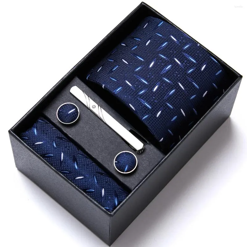 Bow Ties Wholesale Tie For Men Fashion Silk Pocket Squares Cufflink Set Necktie Gift Box Blue Floral Suit Accessories Fit Group