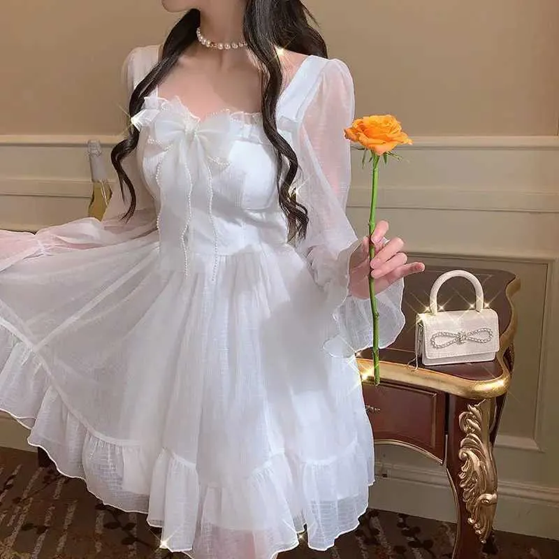 French Chiffon Fairy White flowy dress with Cute Bow - Y2K Mini Size for Girls' Lolita Party - White One-Piece (M241123)