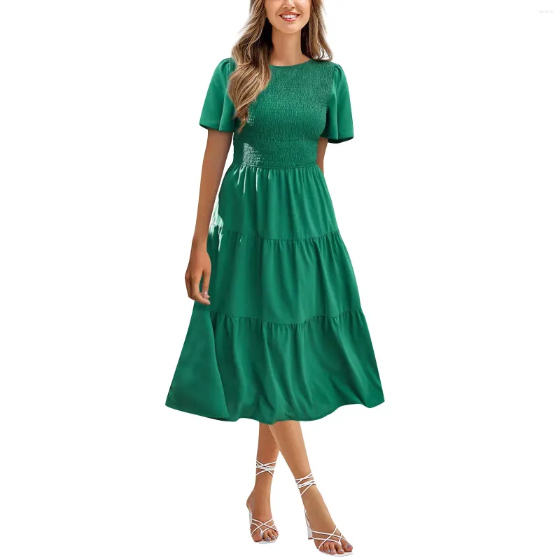 Casual Dresses Women's Summer Short Sleeve Midi Dress O-Neck Smocked Tiered A Line Flowy Fashionable and Simple Women