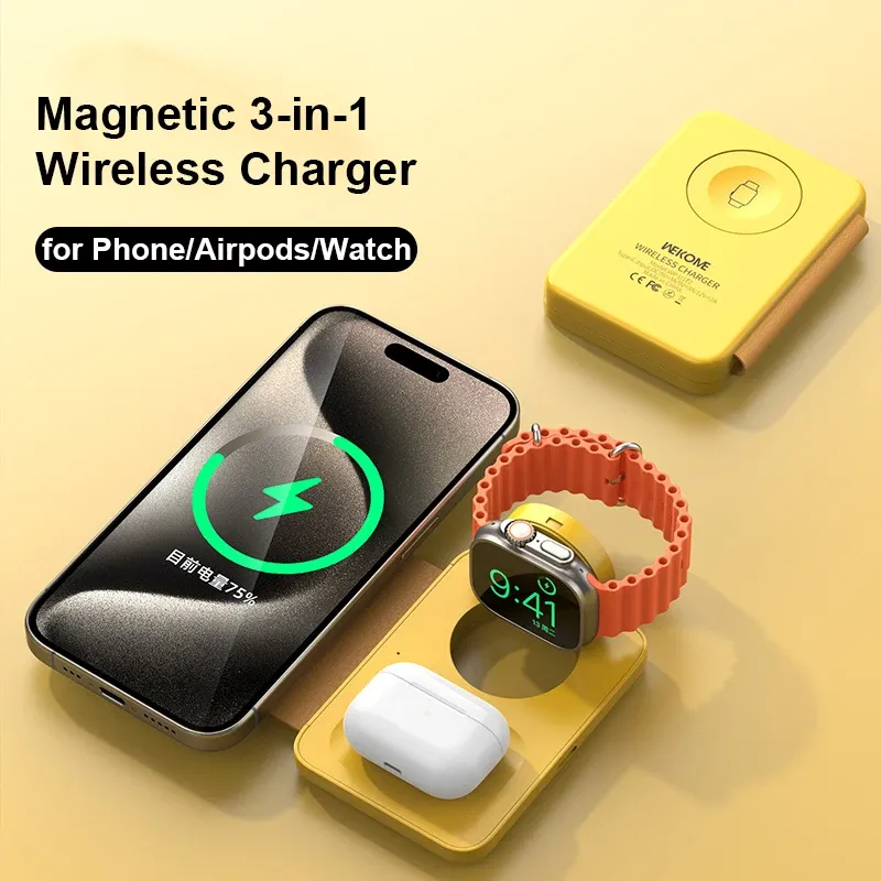 CARGERS WEKOME 3IN1 CARGER INALÁMBRICO Magnético Estación de carga rápida con espejo para iPhone 15 14 Pro Max Watch AirPods