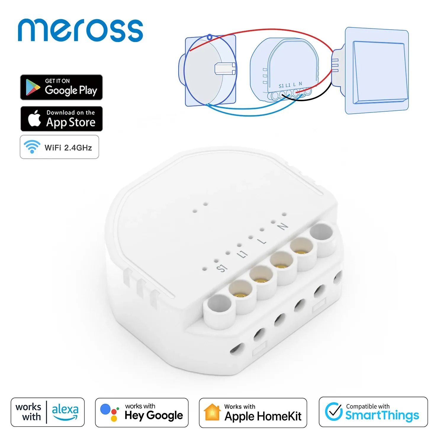 Управление Meross Homeskit Smart Diy Switch модуль модуль Wi -Fi Inwall Switch Wireless 1Gang 1 -й переключатель для Alexa Google Home SmartThings