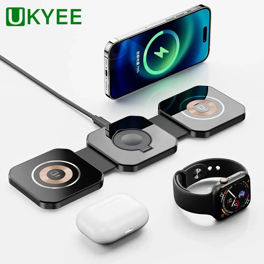 Chargers UKYEE 3 In 1Magnetic Wireless Charger Pad Stand Foldable for iPhone 15 14 Apple Watch AirPods 15W Fast Charging Dock Station