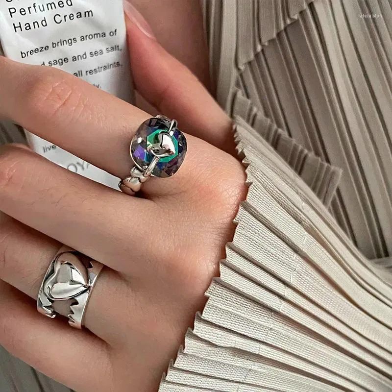 Cluster ringen trendy dubbele gelaagde hart persoonlijkheid kleurrijke steen zilveren kleur verstelbaar voor vrouwen feest sieraden accessoires geschenken