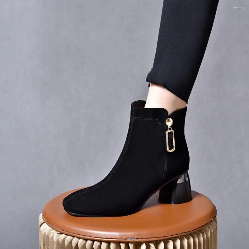 Boots High Heeled Fashion for Women in Autumn Winter 2024 European American Style Black Sheepskin Square Slim