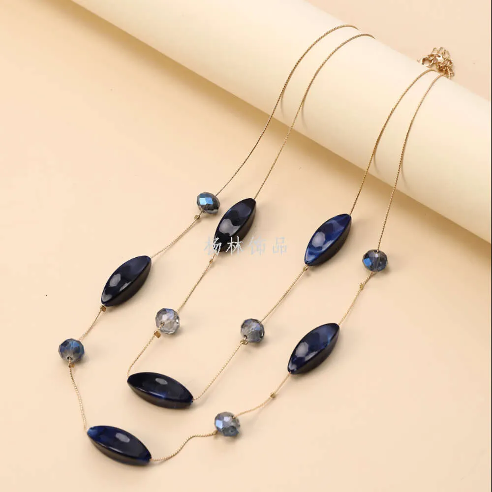 Double Layered Crystal Gemstone Blue Fashionable Necklace, Simple and Versatile, Yanglin Jewelry