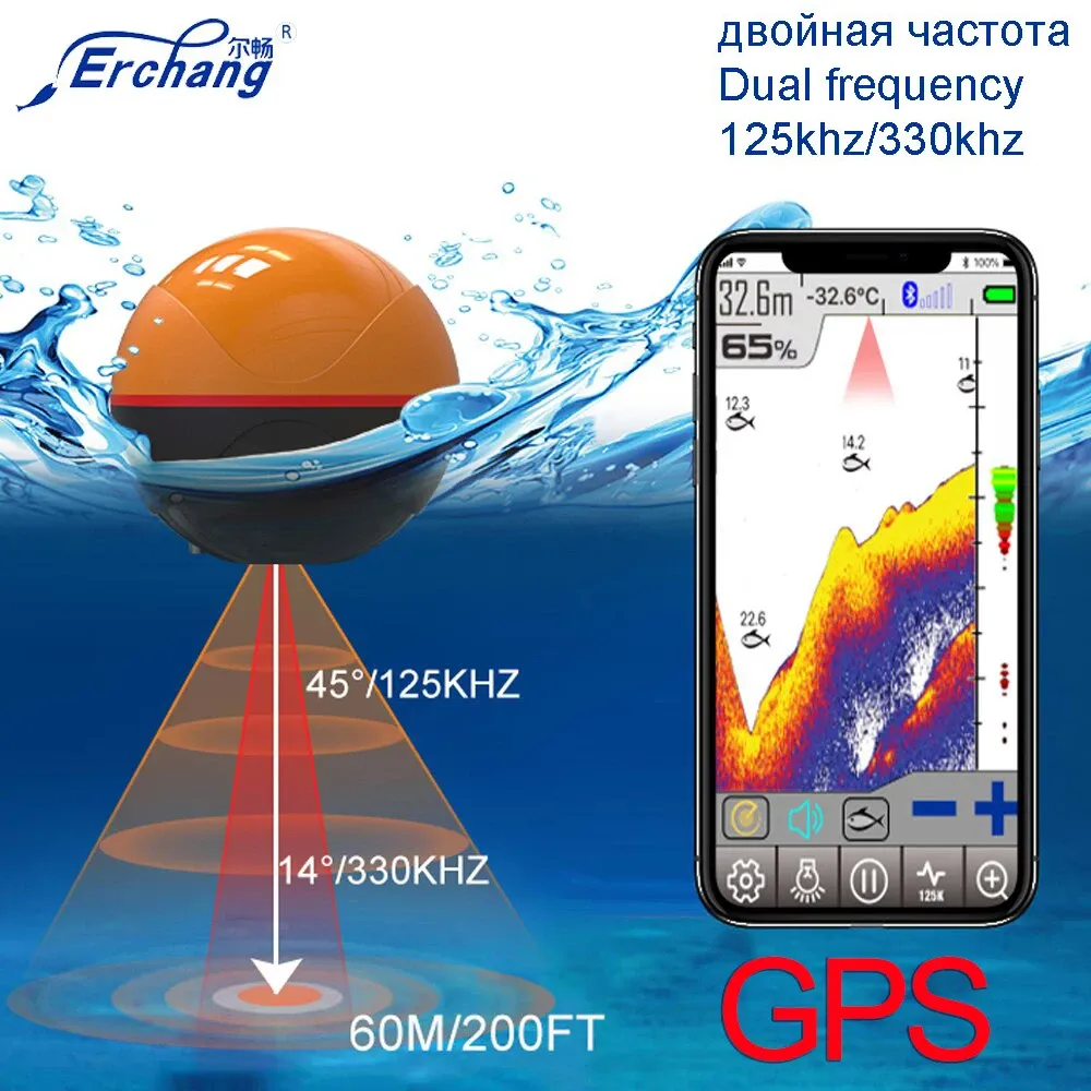 Accessori Erchang F68 Fish Finder GPS Sonar per pesca 125kHz/330kHz Echosounder Echosounder Bluetooth Wireless Sounder Androidios App