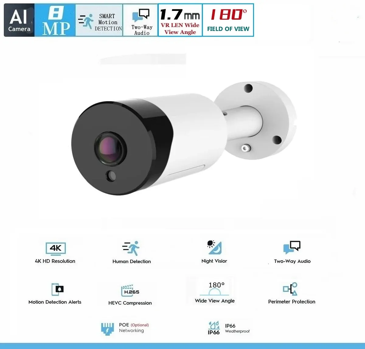 Lens 4K VR Panoramic 180 grader Poe 8MP 5MP 4MP 3MP IP66 Vattentät säkerhetskamera med tvåvägs Audio Night Vision Bullet Cam