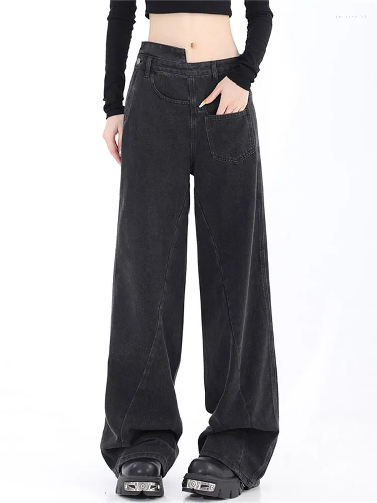 Jeans féminins American Vintage High Street Casual Taist Tableser Fashion Black Straight Loose Femme All-Match Wide Leg Pant