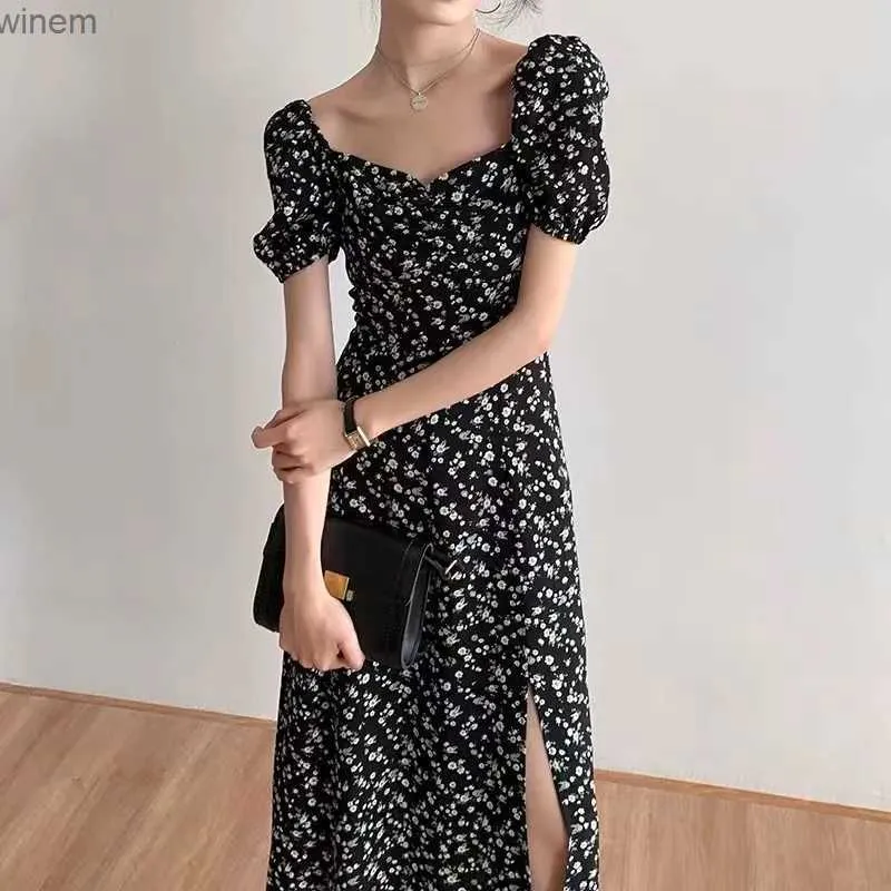 Urban Sexy Dresses French Style Square Collar Floral Print Dress Women Puff Sleeve High Waite A-Line Ladies Sweet Daily Dating Long Vestidosl2404
