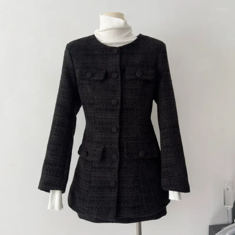 Work Dresses Black Small Fragrance Long-sleeved Coat Mini Skirt Fashion Quilted Women Set Winter Warm Elegant Chic Tweed Two-piece Lady Suit