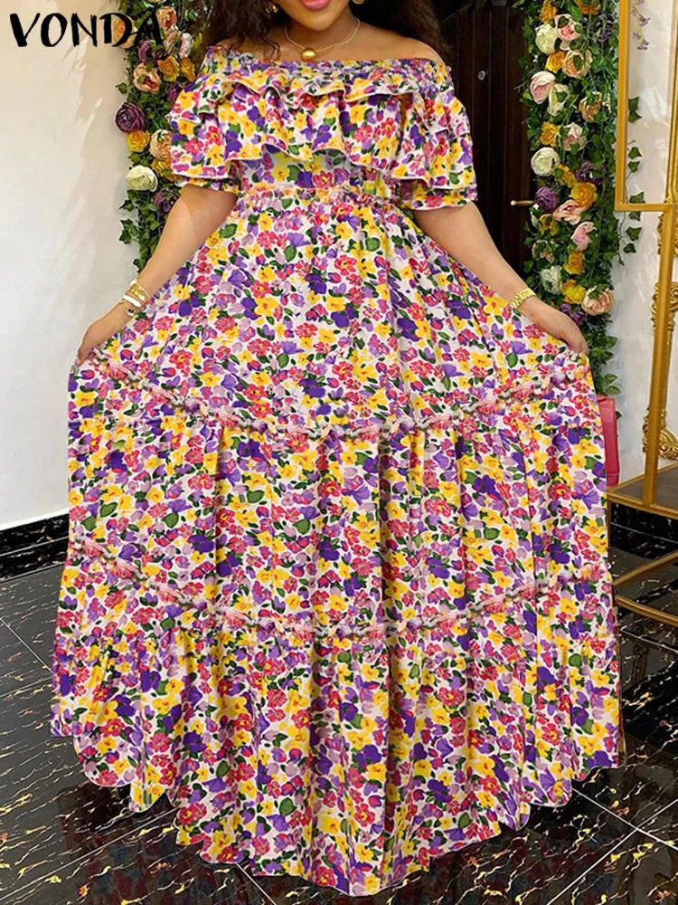 Plus w rozmiarze 5xl Vonda Bohemian Floral Printed Maxi Long Dress Summer Women Casual Loose Ruffle Beach Party Shall Shify 240423