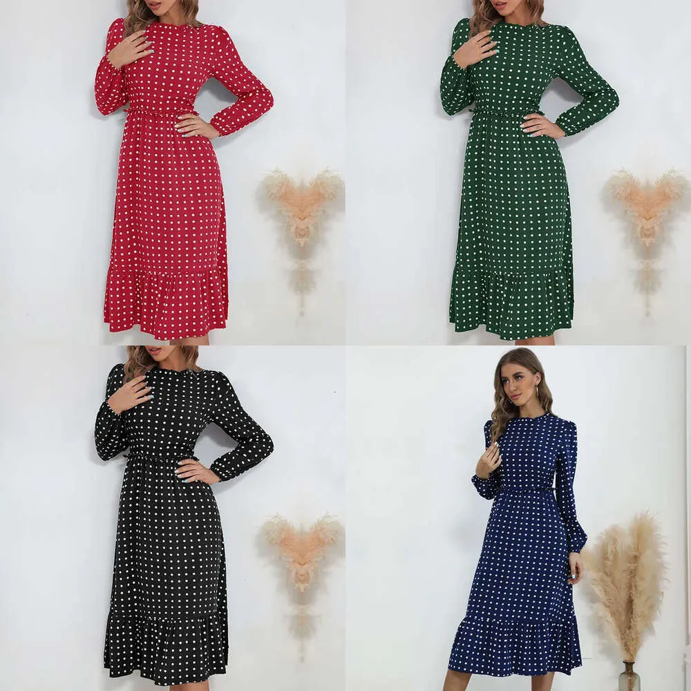 Made Factory Womens Clothing 2022 Autumn/winter Polka Dot Round Neck Pleated Mid Length Dress for Women 210421