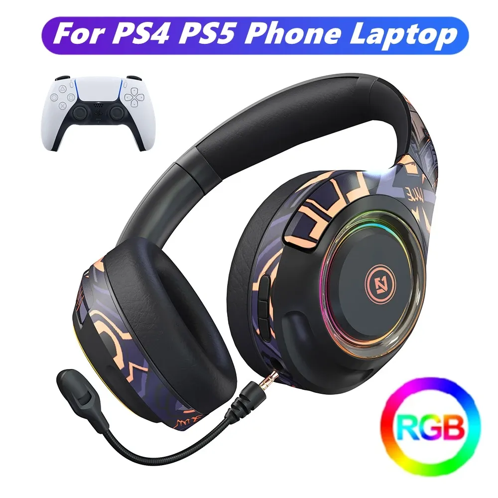 Hörlurar/headset RGB HIFI Stereo Bass trådlösa hörlurar med mikrofon för PS4 PlayStation 5, LED -mobiltelefon PC Bluetooth 5.0 Gamer Headsets