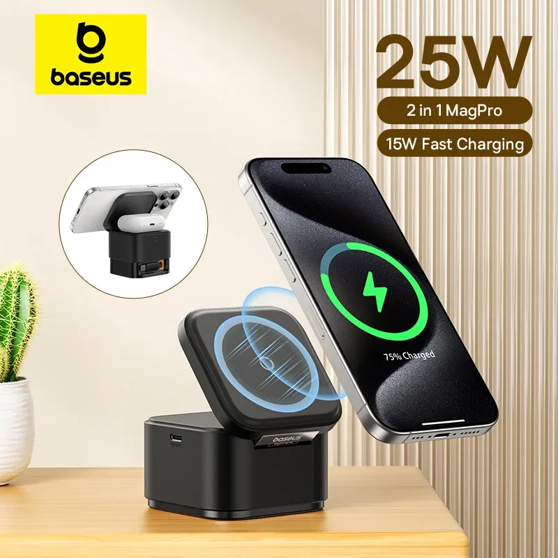 Chargers BaseUS 25W 2 en 1 support de chargeur sans fil magnétique 15W Station de quai de chargement rapide avec câble rétractable pour iPhone15 14 Airpod