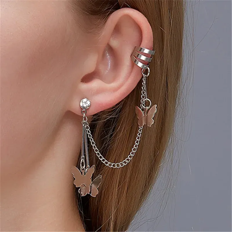 Kolczyki moda geometryczna kolczyka motyla dla nastolatków kobiety mankiety do uszu fajny biżuteria retro łańcuch długi wiszący kolczyki metalowy prezent