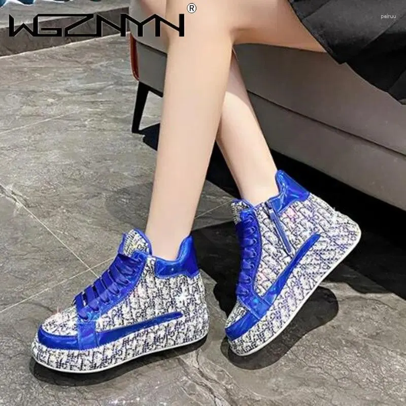 Casual Shoes 2024 Fashion Sneakers Flat High Quality Luxury Rhinestone Decorated Leather Upper Heightening Platform Womens