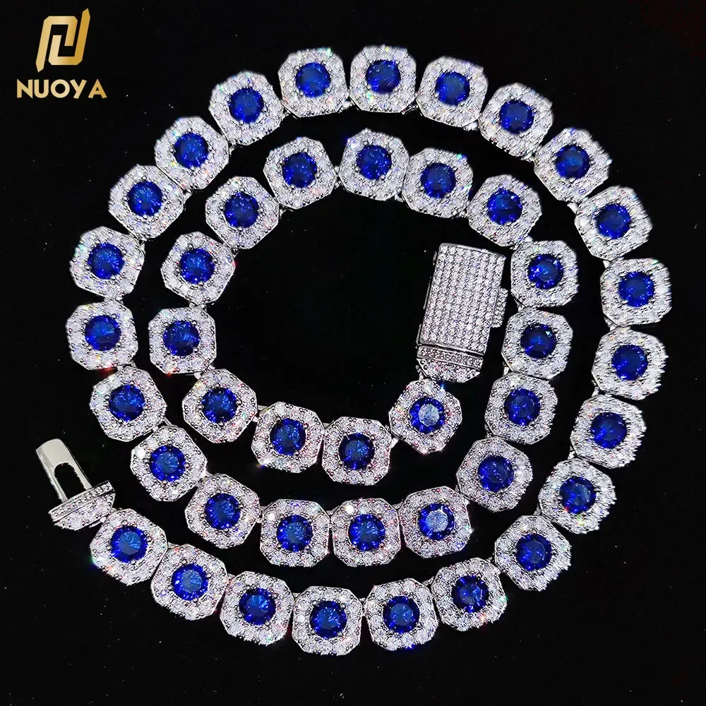 Colliers 12 mm plaqués en argent glacé out Bleu CZ Jumbo Square Sparkling Cluster Cumbic Zirconia Tennis Link Chains pour hommes