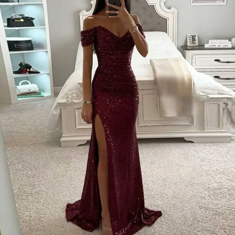 Ultra Thin Glitter long silver sequin dress with High Slit and Diagonal Collar for Women's Party, Banquet, and Sparkling Occasions - Wen Ele M241123