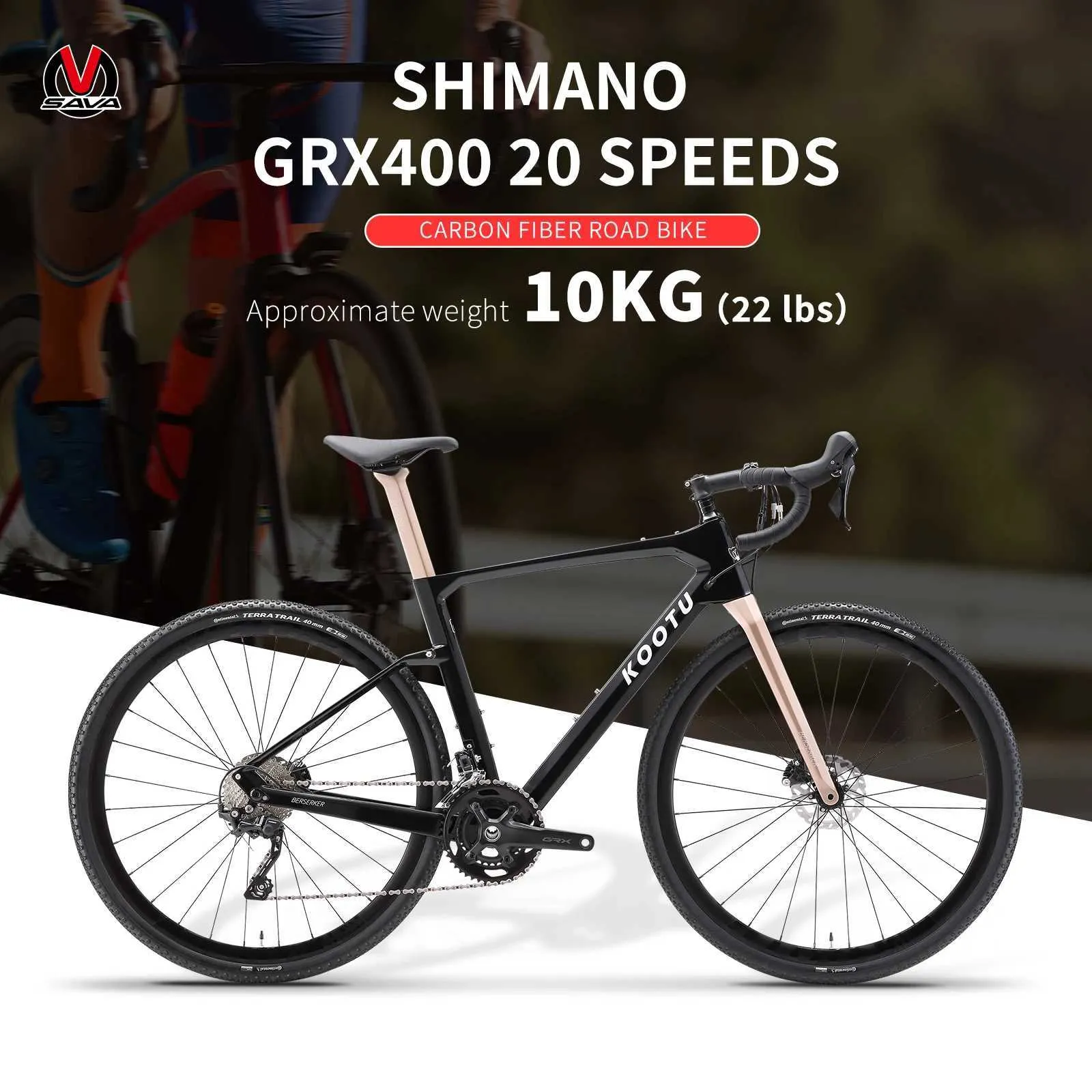 الدراجات Kootu Gravel Carbon Carbon Road Bike 20 Speed ​​with Shiman0 Grx-400 Road Bike T800 Frame Road Bike Racing 700C Y240423