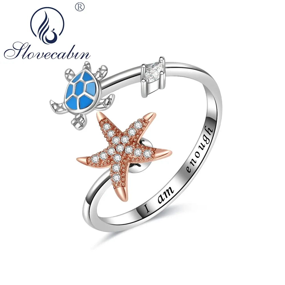 Anillos Slovecabin 925 STERLING STAR ROTATABLE Tortuga marina Anillo de tortuga marina para mujeres Anillo anillo de dedos Bague Femme Joyería Fina