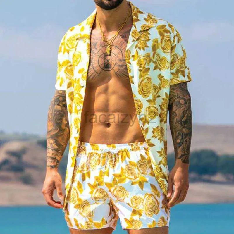 Herrspårar Streetwear Men's Hawaii Beach Style Set Leaf Print Shorts Short Sleeve Cuban Neck Shirt Tvådelat Set Fashion Set