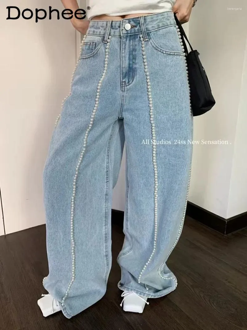 Frauen Jeans Perle Weitbein hellfarbener Wischen für Frauen 2024 Frühling koreanischer Stil Lose Taille Slimming Blue Frau