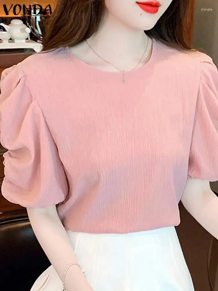 Women's Blouses Fashion Blouse Women Elegant Solid Color Shirts VONDA O Neck Puff Sleeve Tops Office Lady Tunic Casual Loose Short Blusas