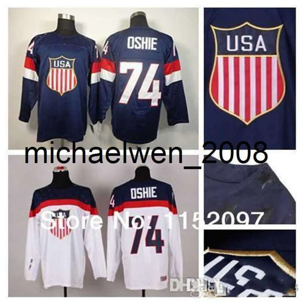 Kob Weng 2016 Çocuklar ABD Gençlik T.J. Oshie Jersey #74 Kid Mavi Beyaz Kış Takımı Sochi 2014 Amerikan Hokey Formaları% 100 Polyester