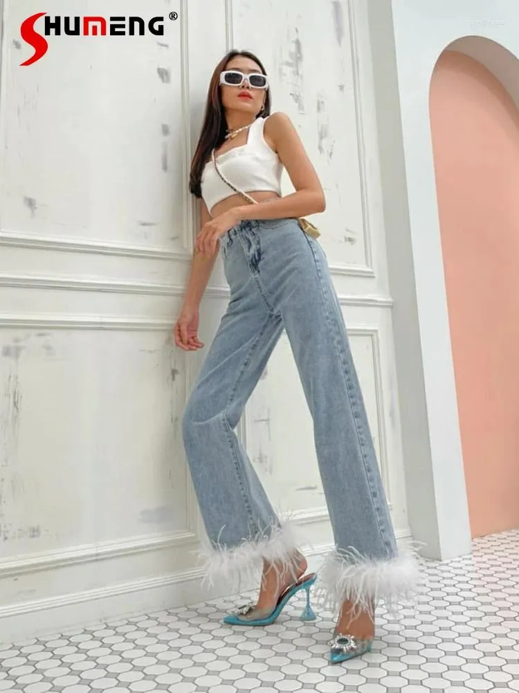 Frauen Jeans hochwertige Frauen weiße Quaste Strauß Feder hohe Taille Blue Streetwear Straße Denim Jeanshosen für breite Beine für