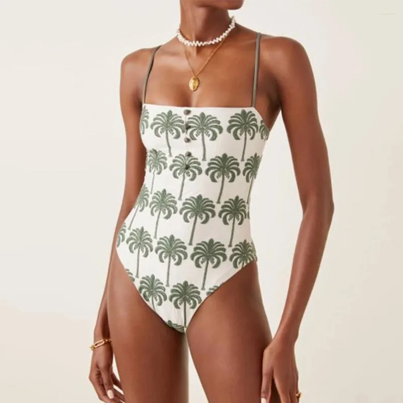 Kvinnors badkläder Fashion Floral Print Green One Piece Swimsuit For Women Push Up Slim Bikini Luxury Monokini Bathing Suit Beachwear 2024