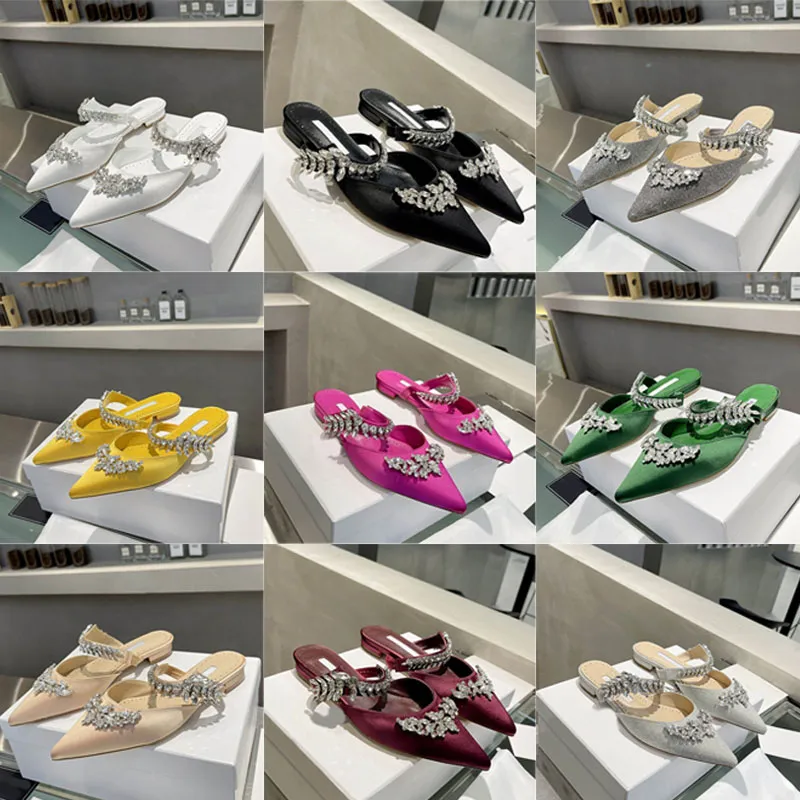 Kleding schoenen gele satijnen muilezel kristal platte muilezels 7/10 cm hoge hakken ontwerpers slippers dia's schuren avondschoenen dames luxe sandalen sexy puntige top glijbaan