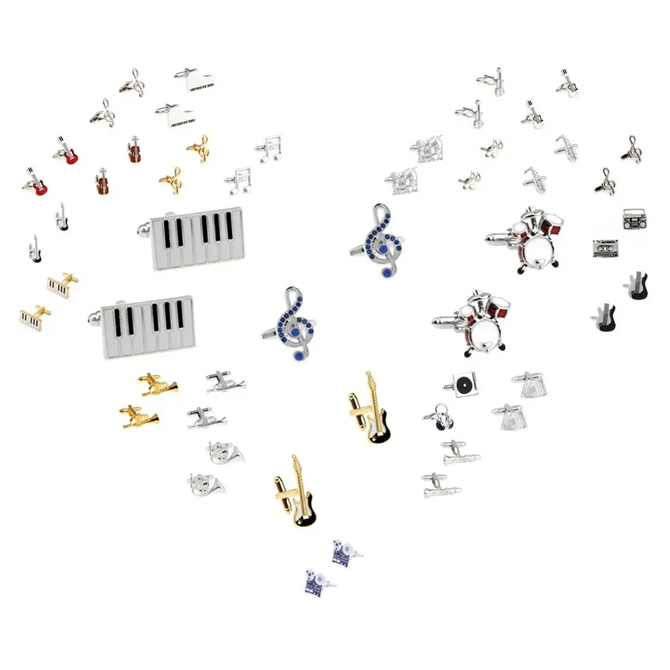 Länkar 29 Designs Music Cufflinks Men's Fashion Cuff Links Accordion Piano Guitar Violin Drum Sax Bass Cello Radio Headset Trumpet Horn