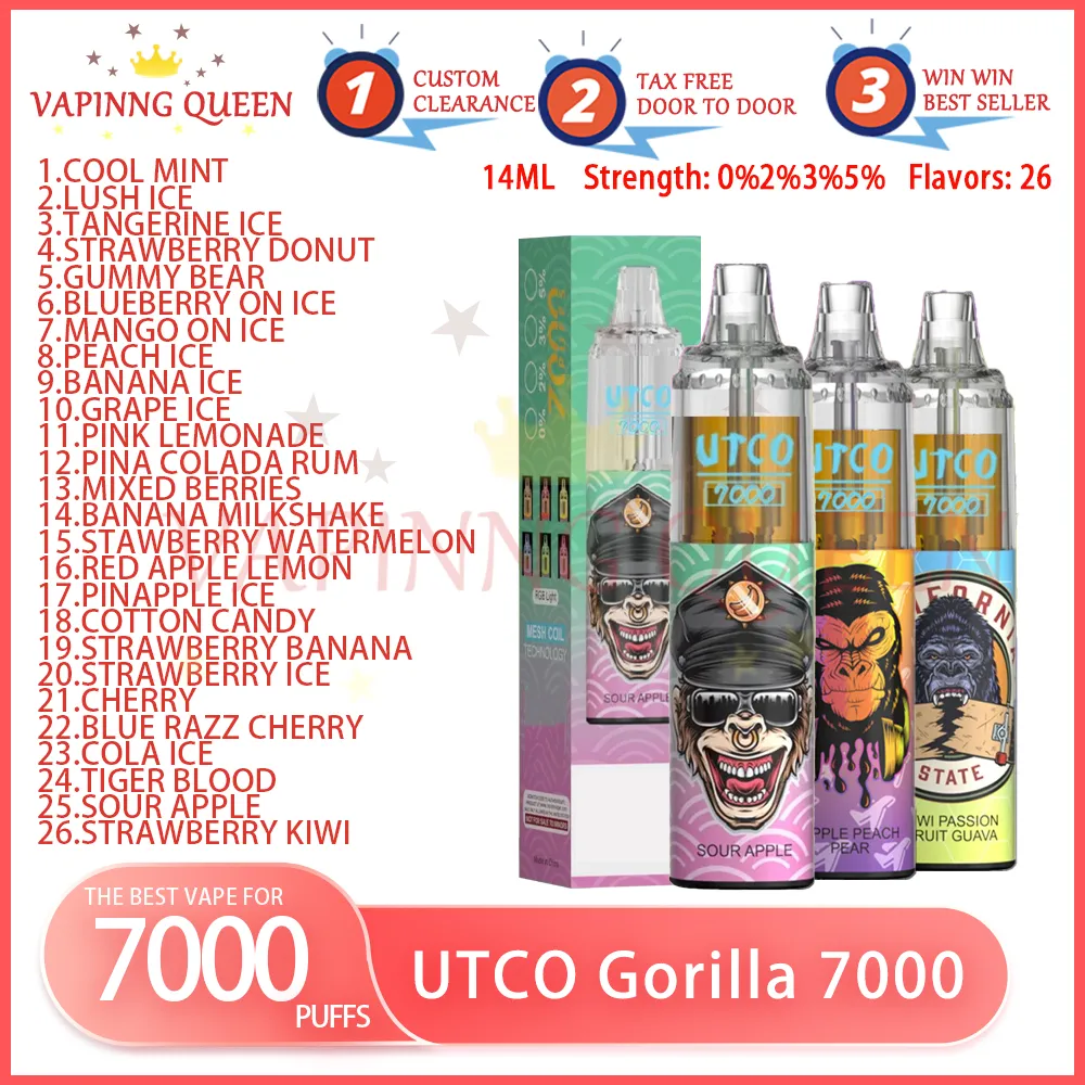 UTCO Gorilla 7000 Puffs Vape jetable 26 saveurs 14 ml Dispositif préfabillé 850mAh Type-C Batterie rechargeable de type C 1,0 Mesh Bobine 7k E Cigarettes