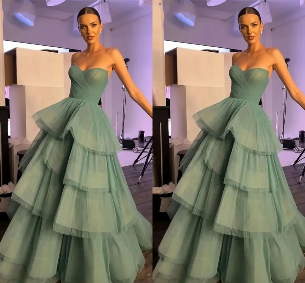 Mint Green Strapless A-Line Prom Dress with Tiered Organza Skirt and Ruched  Pleats Floor-Length Formal Gown from Dhgate Prom Dresses - price 155.78