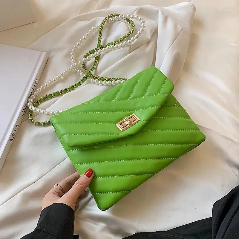 Shoulder Bags Green Small PU Leather Envelope Crossbody For Women 2024 Fashion Trendy Luxury Pearl Chain Handbags