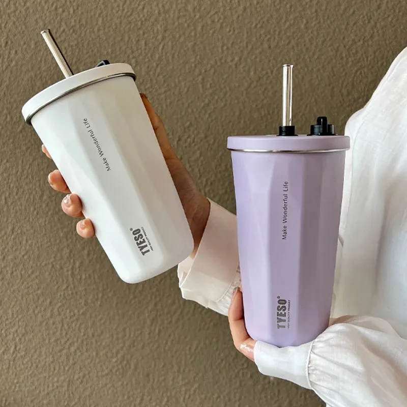 600ML Insulated Stainless Steel Coffee Cup with Straw, Diamond Shaped  Thermos Mug for Cold Drinks, Iced Coffee, Tea, Water Bottle