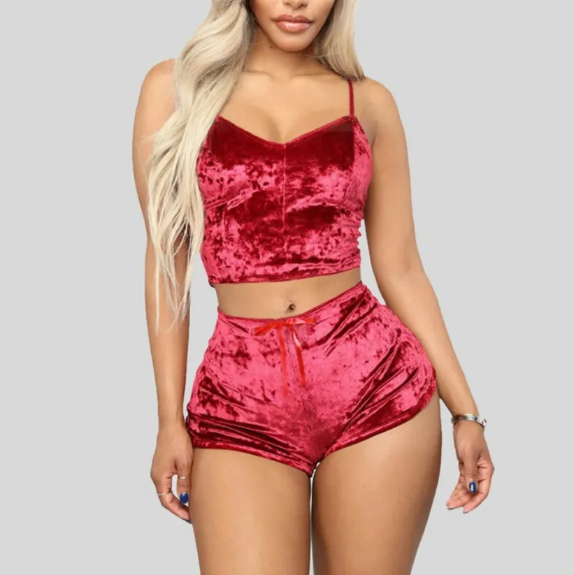 Sexy Women Sleepwear Conjunto de 2 peças Spaghetti Strap sem alça de cor sólida Paijama Dia dos namorados Paijama de verão