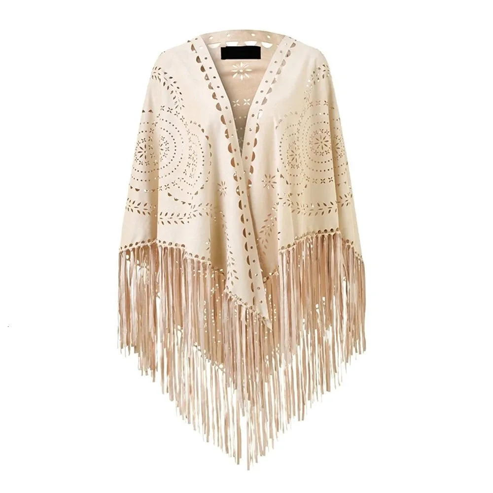 Womens Loose Suede Fringe Open Poncho Cloak Shawl Wrap with Punch Hole Patterns and Graceful Fringes Drop 240419
