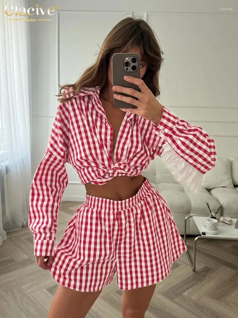 Women's Tracksuits Clacive Fashion Red Plaid 2 Piece Sets Women Outfit 2024 Elegant Long Sleeve Shirt With High Waist Shorts Set Female