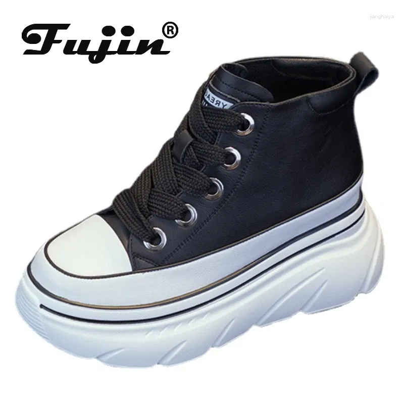 Casual skor fujin 8cm äkta läderplattform kil chunky sneakers vår höst ankel stövlar damstövlar blandad färg dold häl