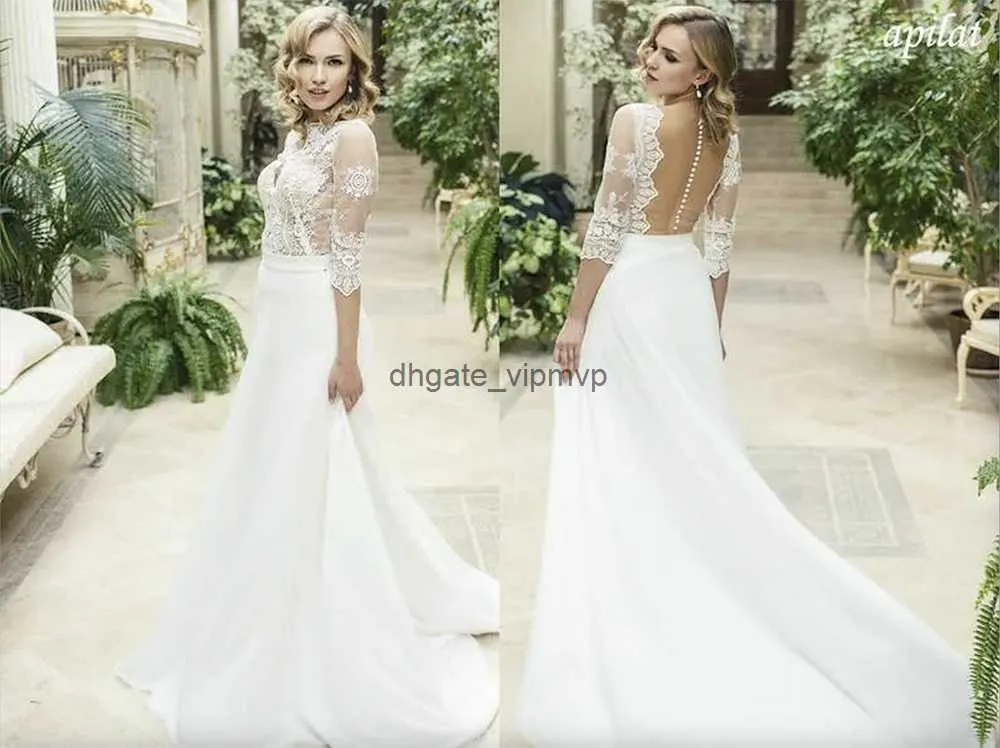 Elegancka 3/4 długich rękawów A-line Bohemian Wedding Dress Cheao White Lace Alliqued plus size plażka ślubna boho suknia ślubna