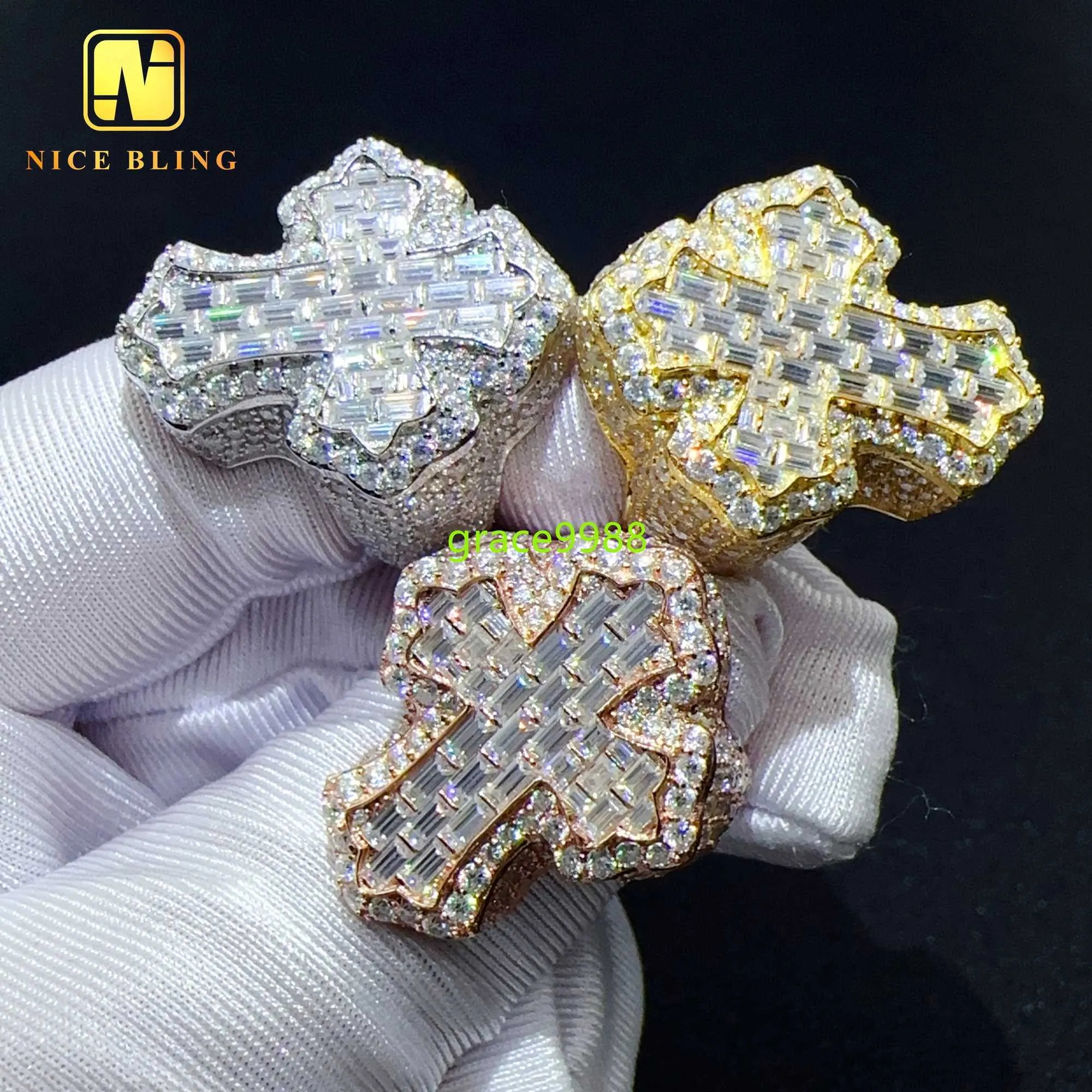 Helt isad Baguette Diamond Rings Fashion Hip Hop Cross Ring GRA Certified Moissanite Jewelry for Men