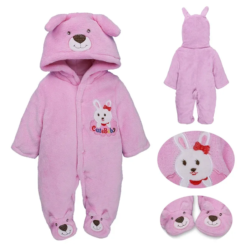 winter baby costume Thicken newborn baby boy girl cartoon rabbit dog bear hooded romper cotton+fleece warm Infant bebes jumpsuit