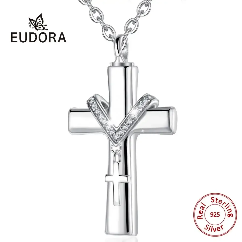 Halsband Eudora Sterling Silver Classic Cross Cremation Ashes Urn Halsband Keepsaksmycken Ashes Memorial Pendant For Women/Men Cyg002