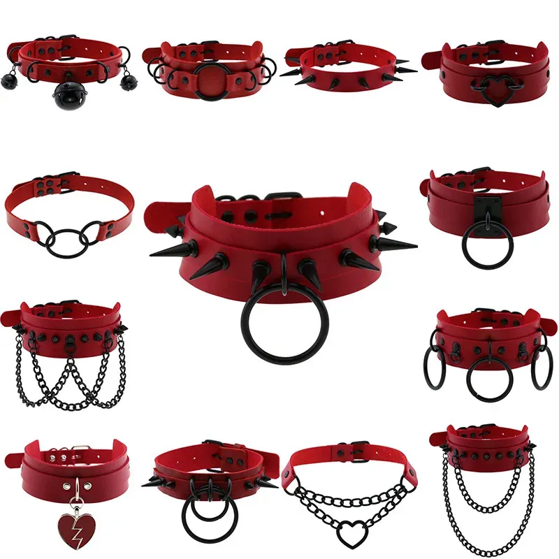 Collares Góticos Harajuku PU Caqueta de cuero Collar Spiked Spiked Mujeres Hombres Correa de cuello punk Gótico Collar de gargantilla roja