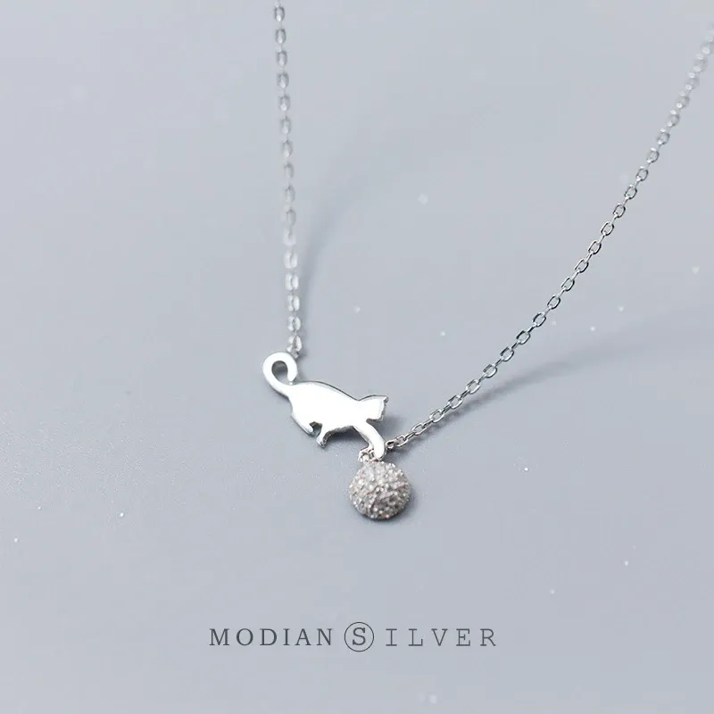 Halsketten Modian Strahlung CZ Little Ball Schöne Katze Sterling Silber 925 Anhänger Halskette für Frauen verstellbare einfache Halskette feiner Schmuck