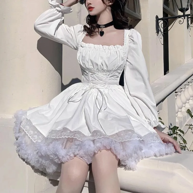 Casual Dresses Sleeve Dress for Women Y2k Square Neck Kawaii Lace Trim Princess Lolita White Elegant Up Party