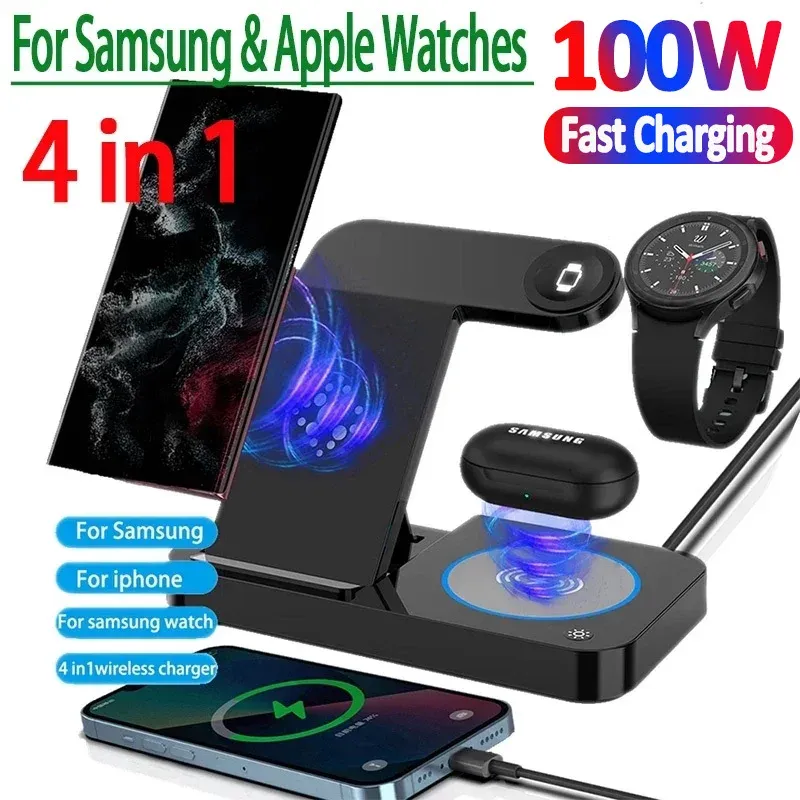 Caricabatterie 100w 4 in 1 Stand di ricarica rapida del caricatore wireless per iPhone 14 13 12 Samsung S22 S21 Galaxy Apple Watch 8 7