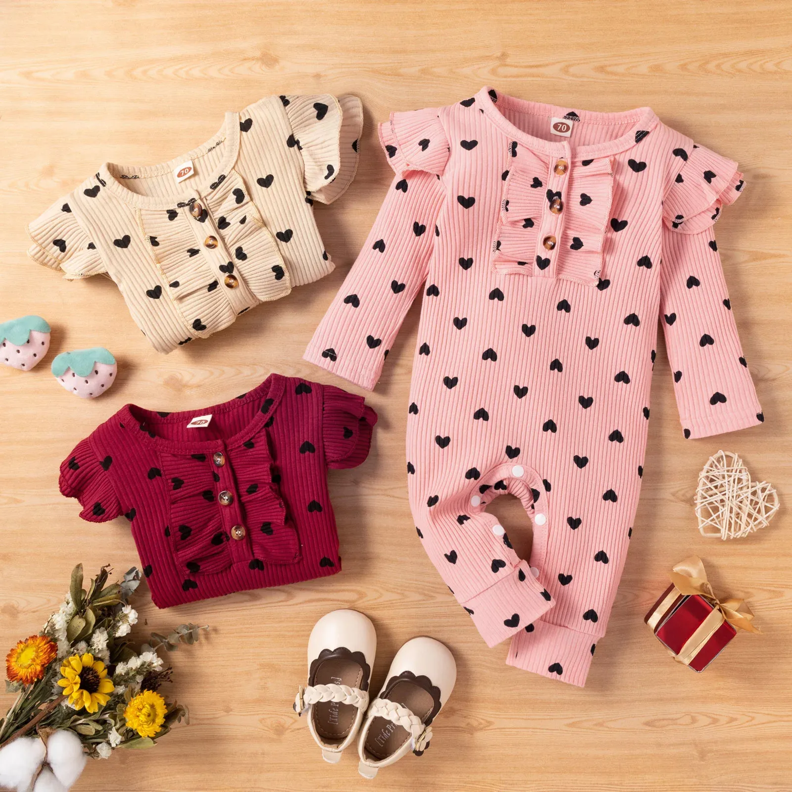 One-Pieces 018M Newborn Baby Girls Clothes Ruffle Long Sleeve Heart Rompers Jumpsuit Boutique Children's Valentine's Day Outfits Clothing