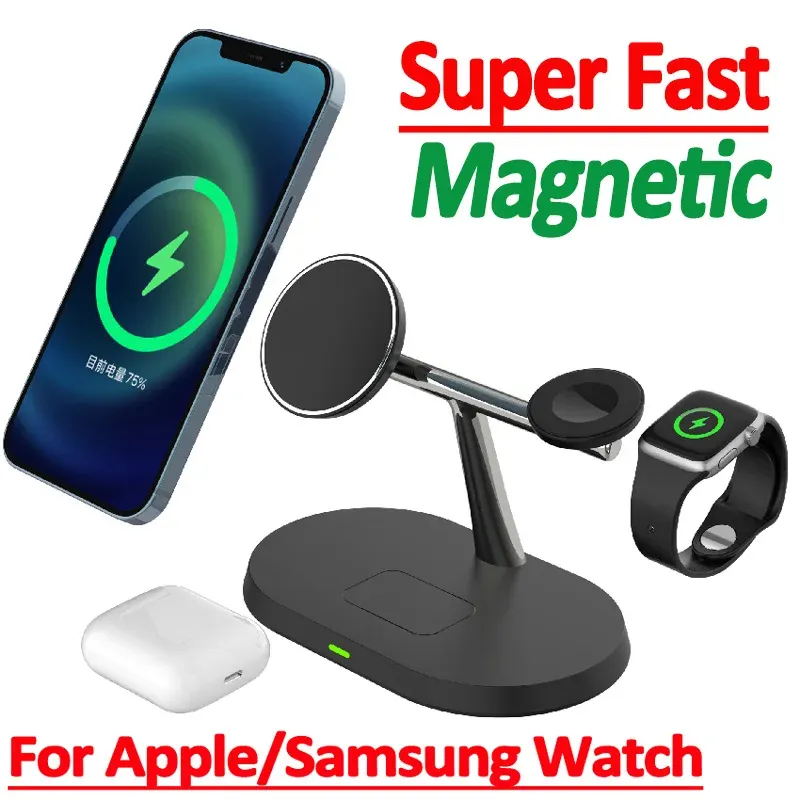 Carregadores 3 em 1 carregador sem fio magnético Super Fast Charging MacSafe para iPhone 13 14 Pro Max Samsung Apple Watch AirPods Pro Station